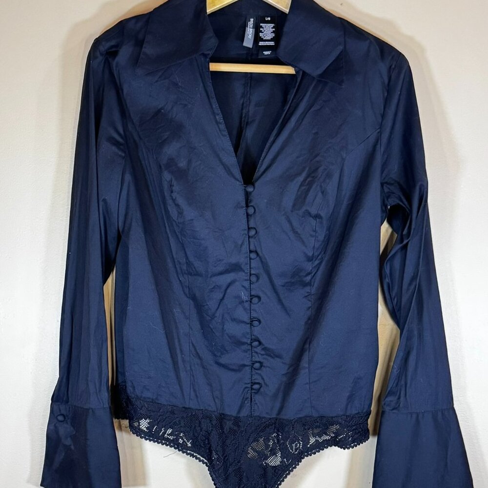#18 Women's Bisou Bisou Button-Front Bodysuit Blouse, Black, Size Large